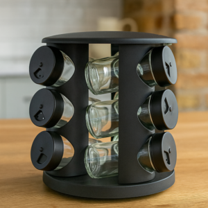 PORTA TEMPERO GIRATORIO PLASTICO COM 9 POTES PRETO