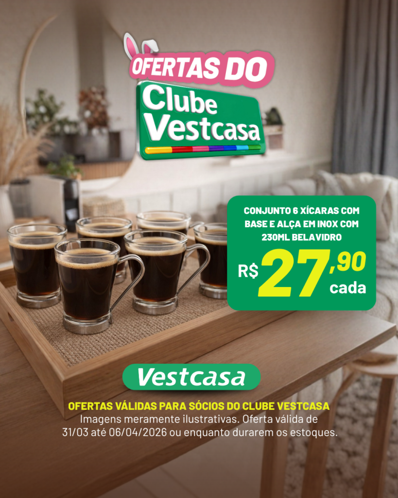 CONJUNTO 6 XÍCARAS COM BASE E ALÇA EM INOX COM 230ML BELAVIDRO