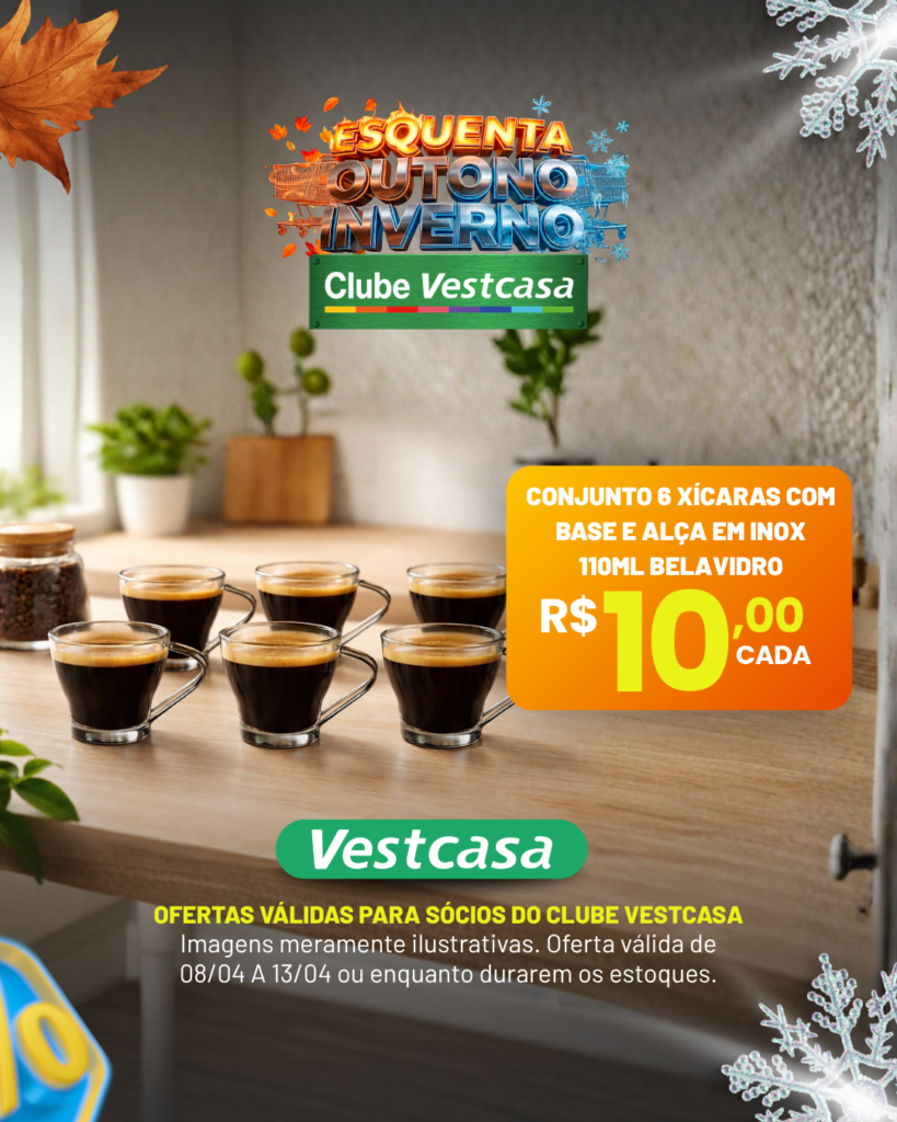 CONJUNTO 6 XÍCARAS COM BASE E ALÇA EM INOX 110ML BELAVIDRO