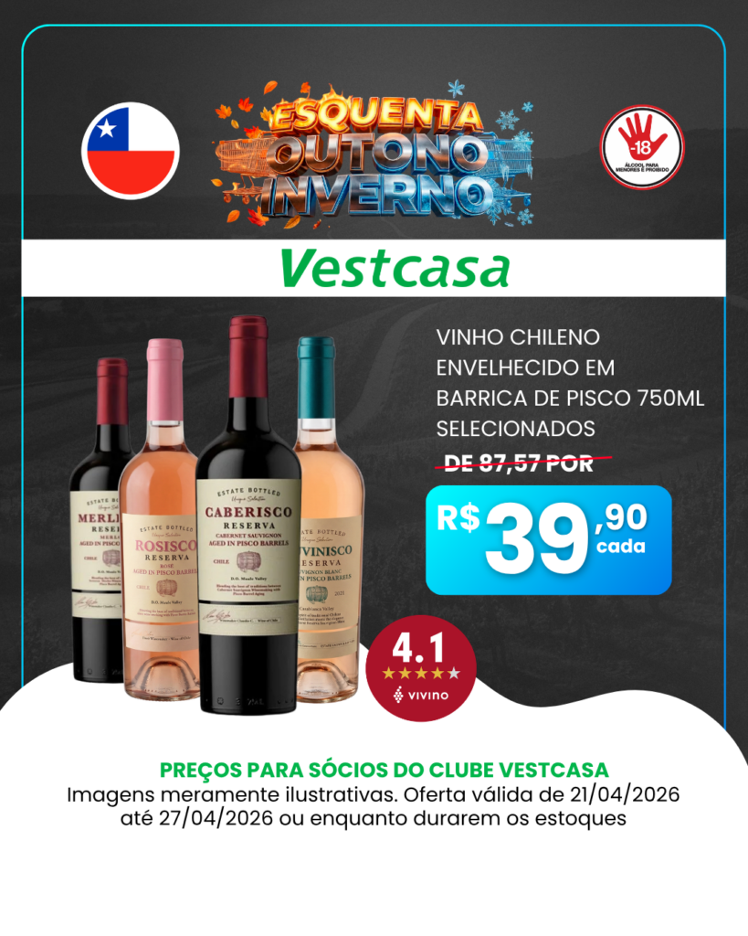 VINHO CHILENO ENVELHECIDO EM BARRICA DE PISCO 750ML SELECIONADOS